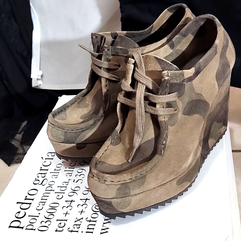 Lace Up Wedge Booties Olive Camo